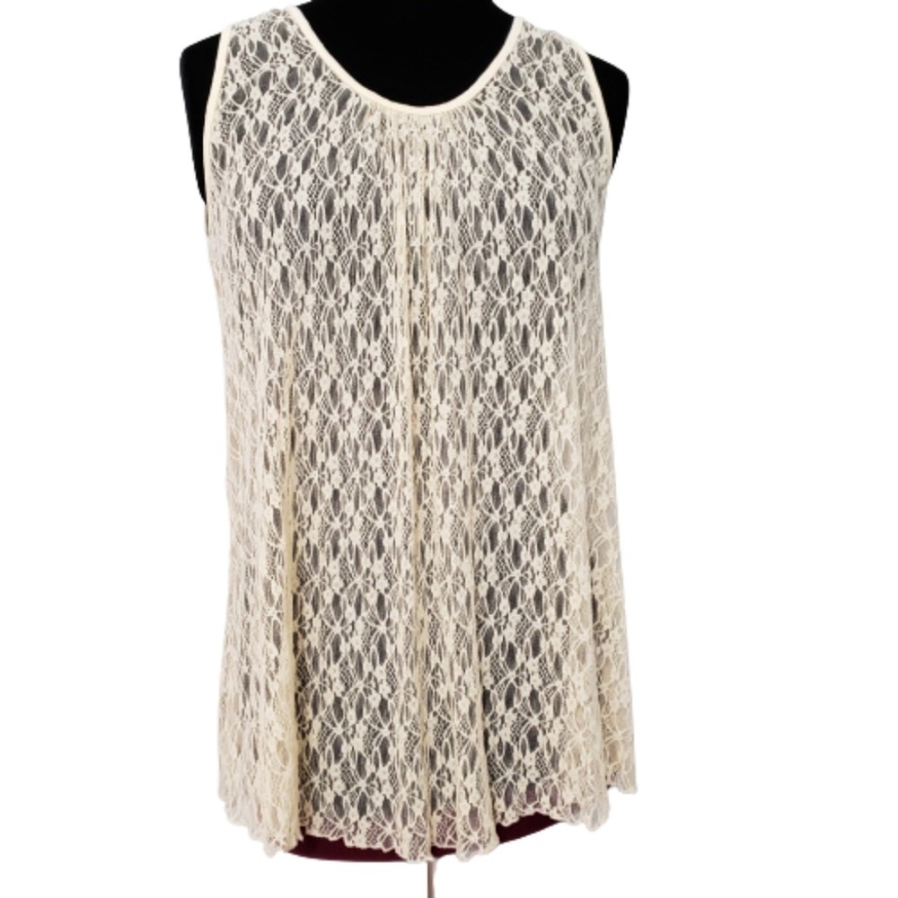 New Easel Cream Ivory Floral Lace Sleeveless Tank Top Scoop Neck Sheer Medium